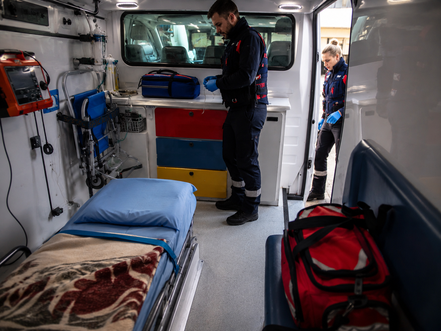 Monitores y equipamiento médico dentro de una ambulancia de alta complejidad