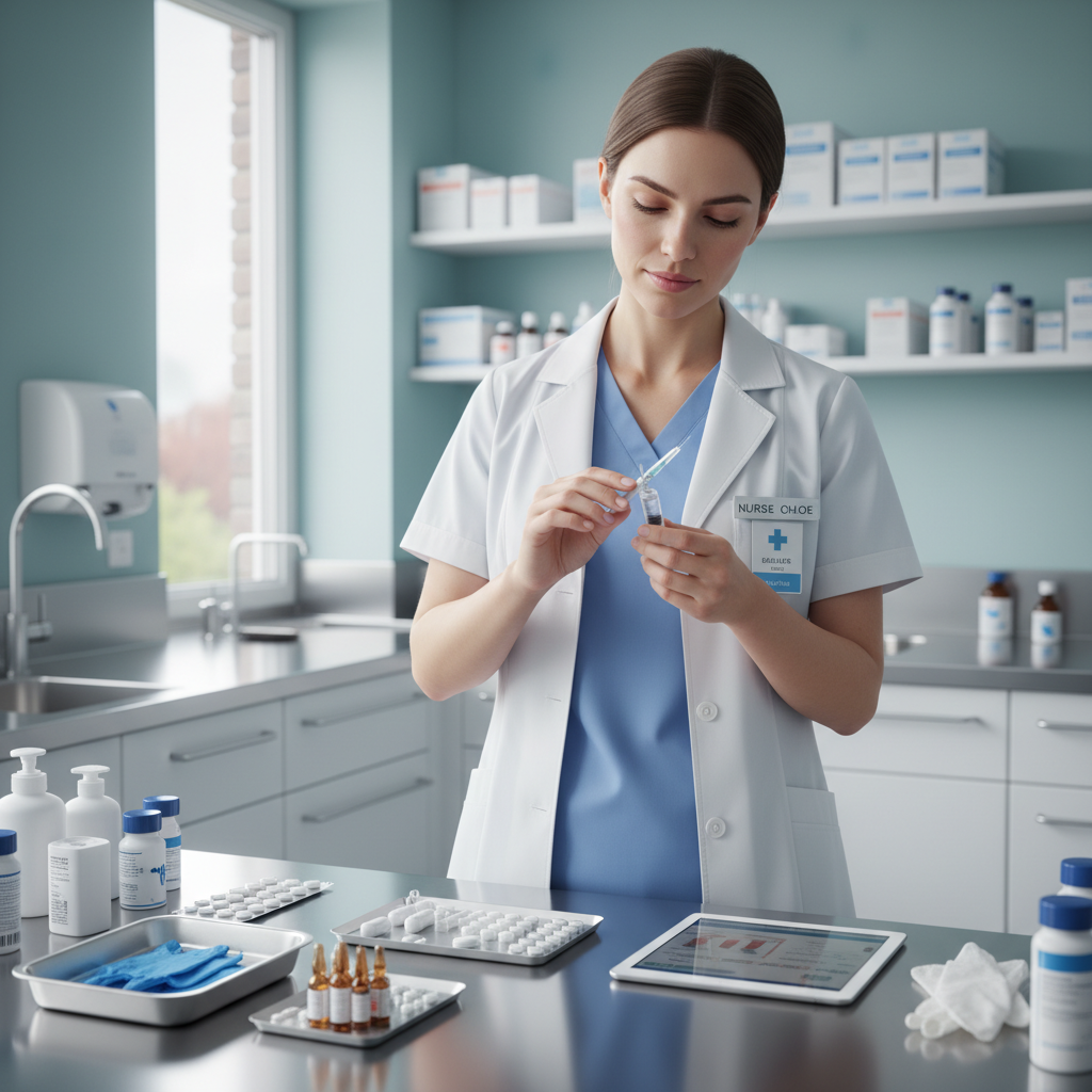 Profesional de enfermería preparando cuidados y medicación